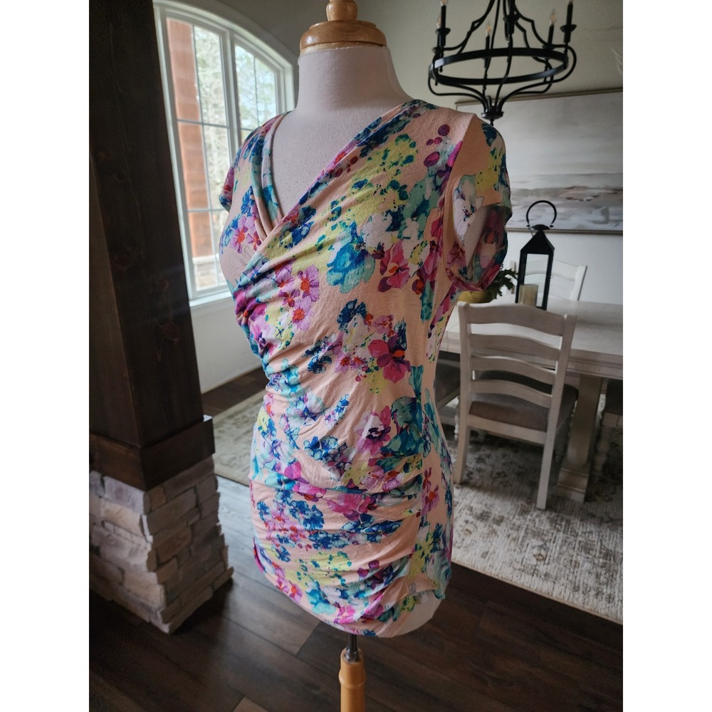 Vintage Y2K Candie's Womens XL Floral Ruched Drape‎ Front V-Neck Top Multicolor